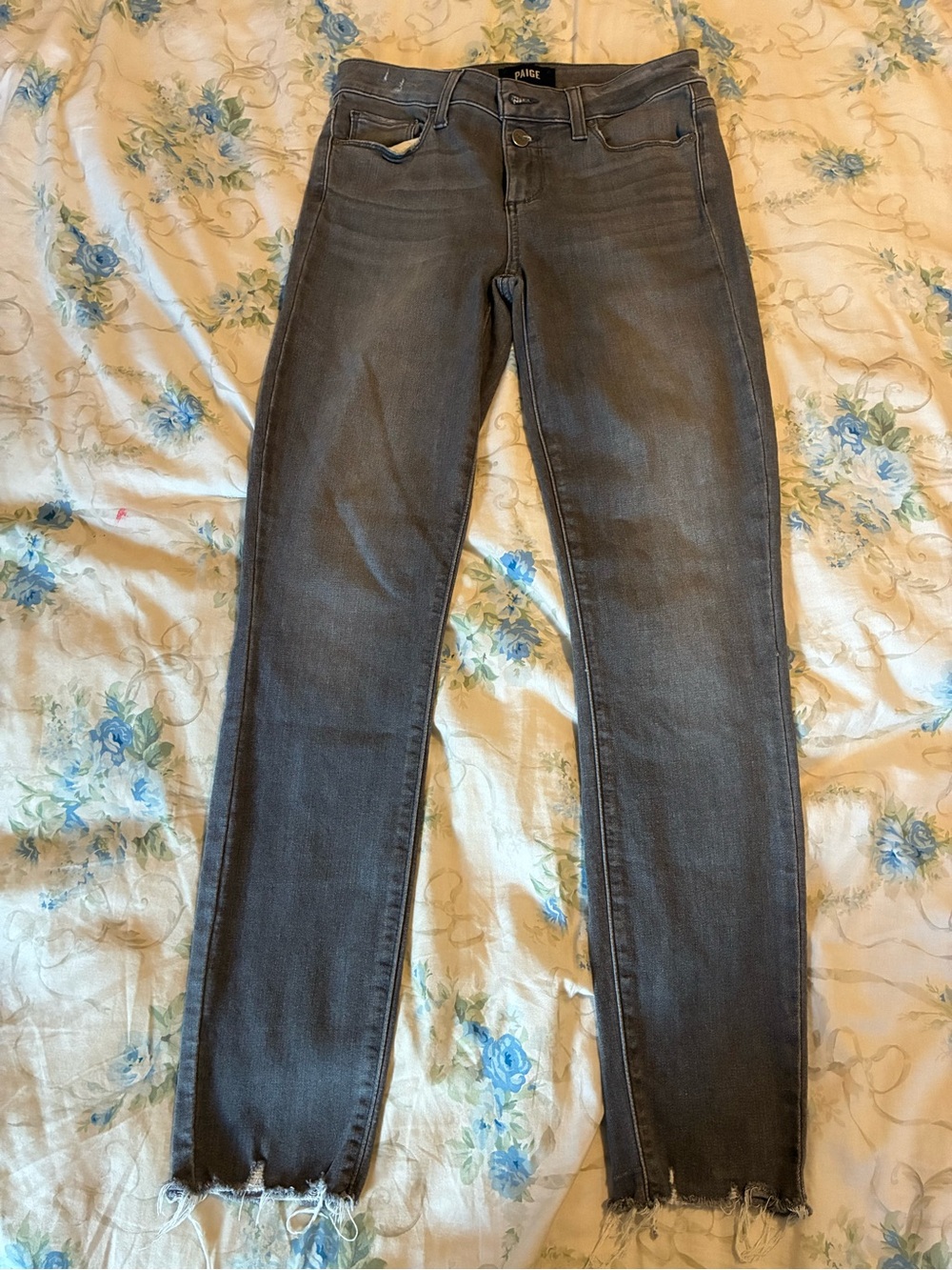 Rayon/Cotton Blend PAIGE Charcoal Gray Skinny Jeans with Raw Hem